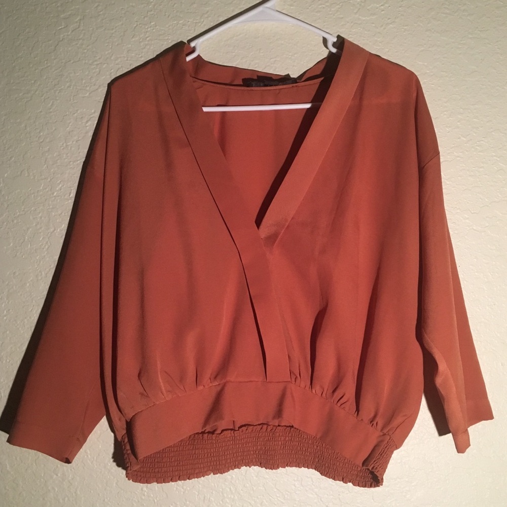 Burnt Orange silky faux wrap blouse - Size Small
